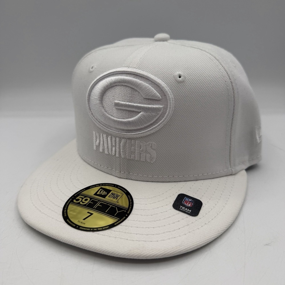 New Era 59Fifty Green Bay Packers Hat Cap Sz 7 White/White Fitted NFL Football